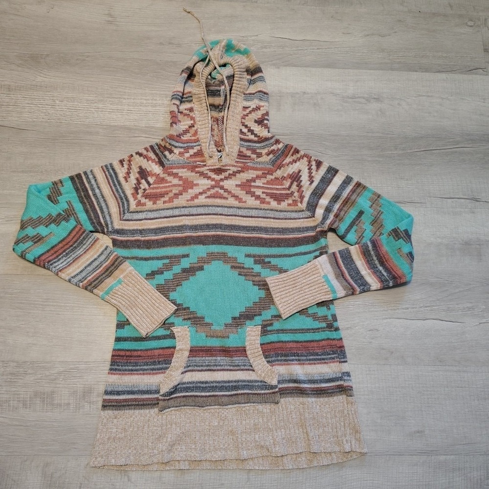 Southwestern Aztec Print Knit Sweater Hoodie Medium Womens Nostalgia‎